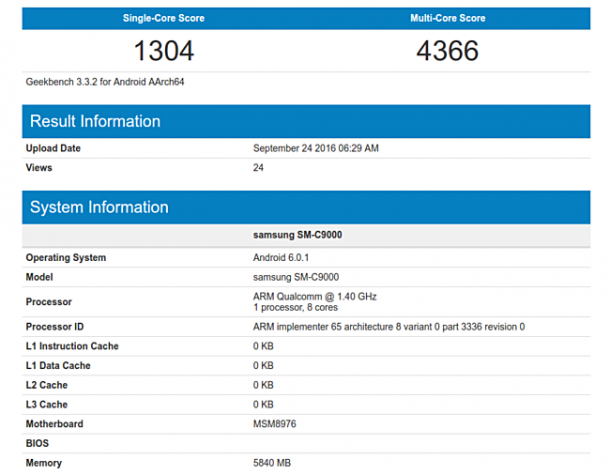 A Samsung Galaxy C9 Geekbench adatlapja